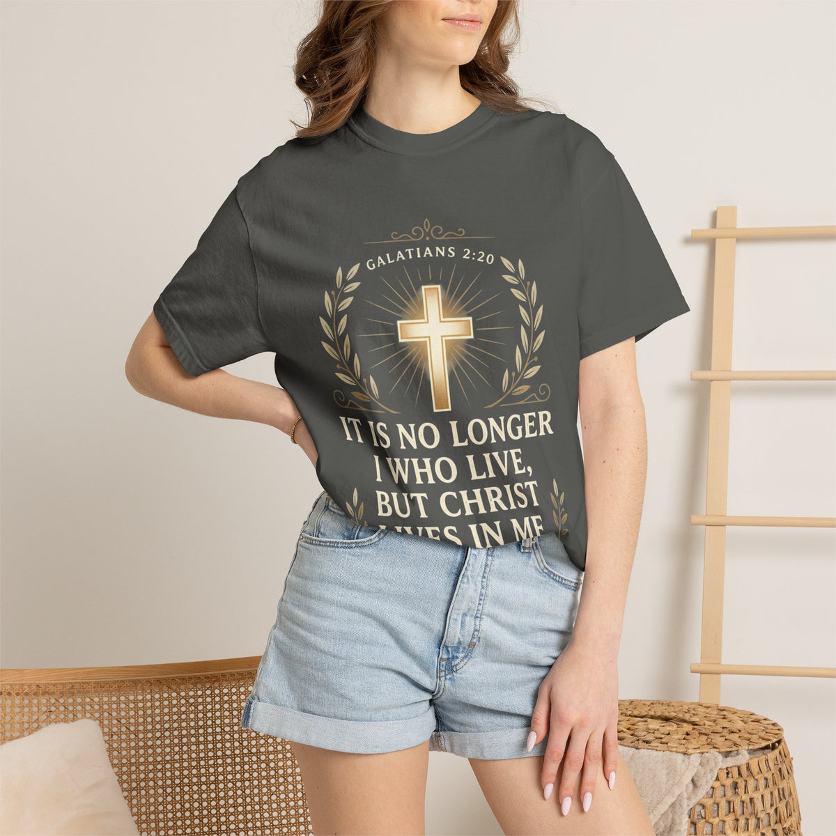 Christian Faith T-Shirt — "It Is No Longer I Who Live, But Christ Lives in Me" (Galatians 2:20)