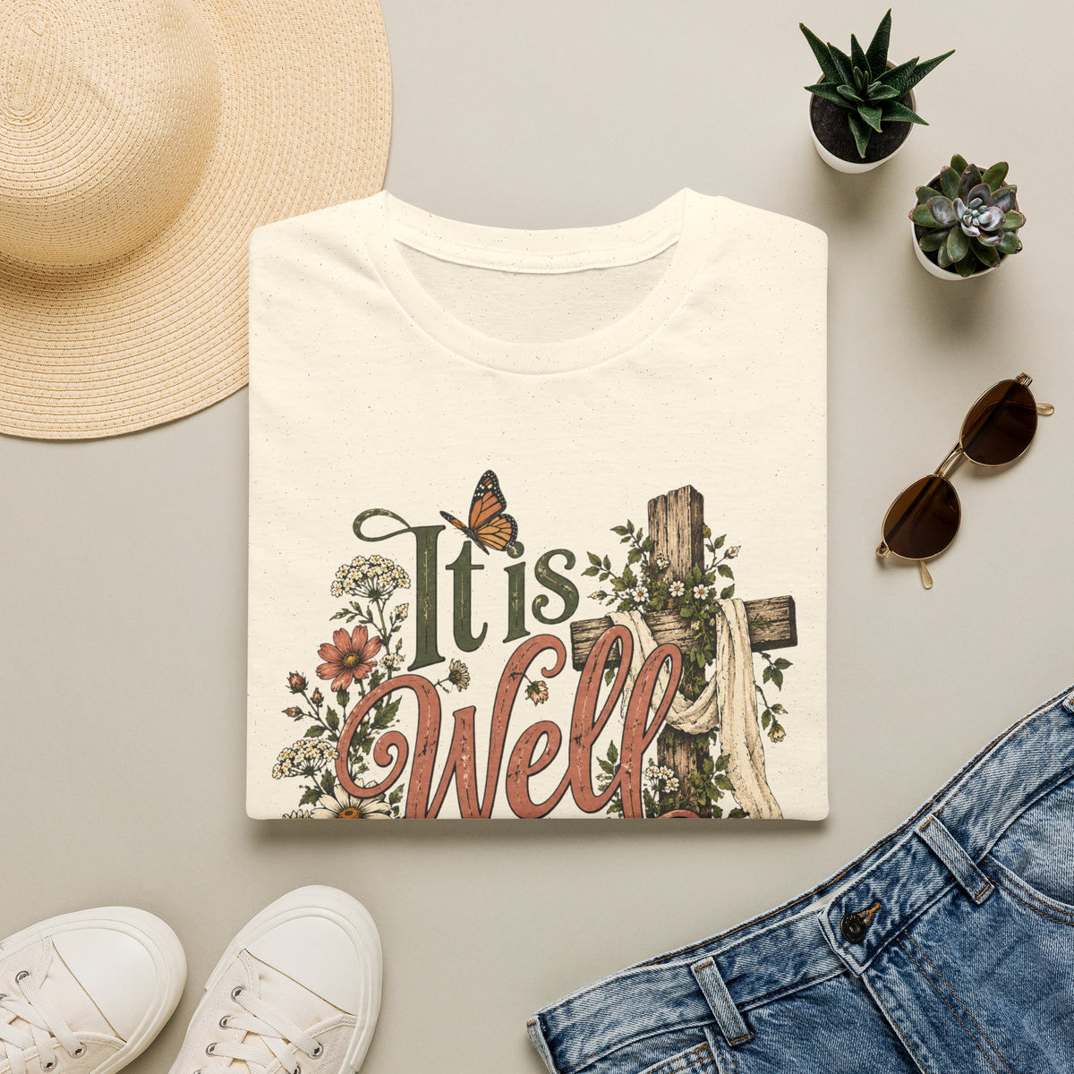 It Is Well T-Shirt — Floral Cross Christian Faith Tee