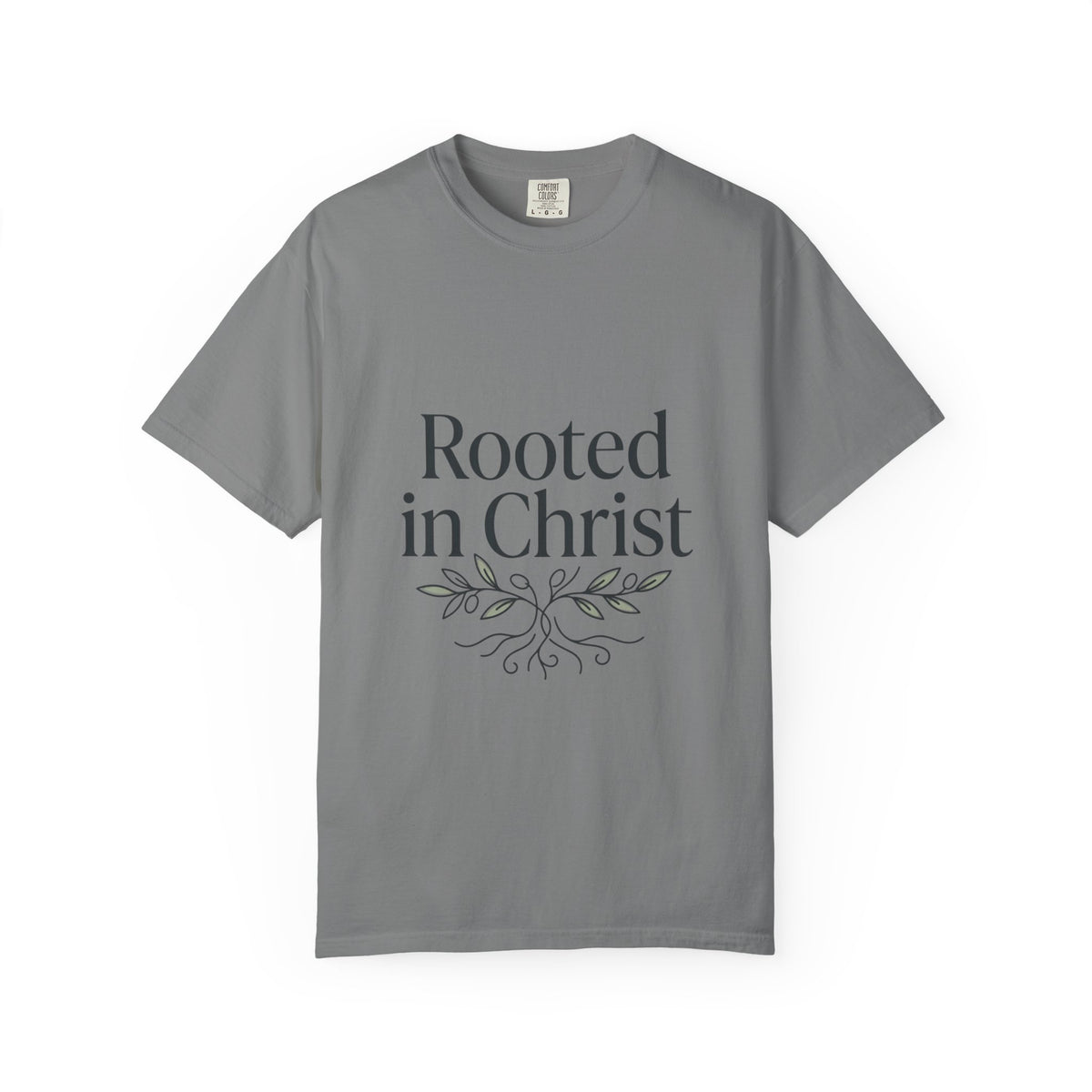 Rooted in Christ T-shirt | Christian Faith Typography with Leaf Roots