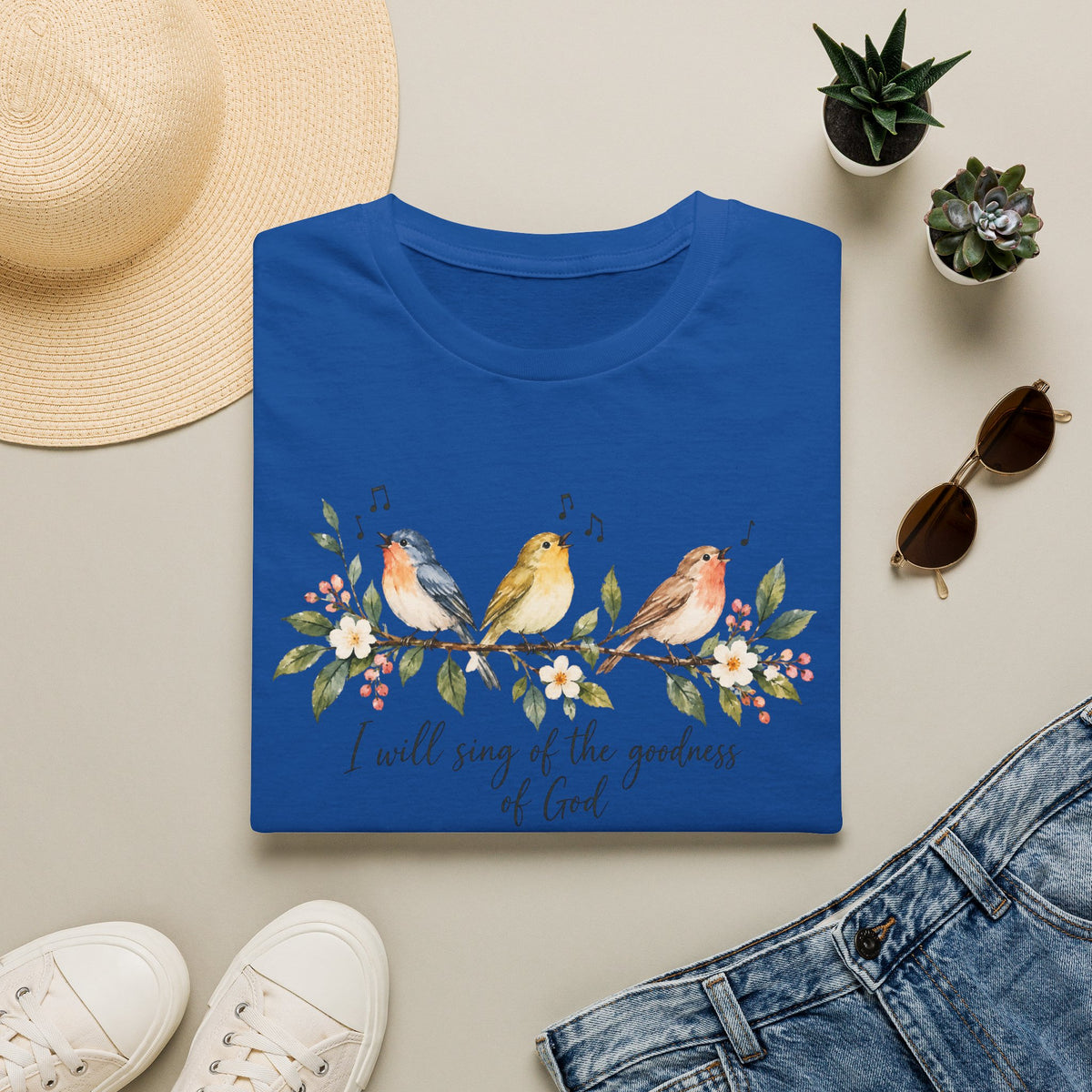 Christian Bird T-Shirt — "I Will Sing of the Goodness of God" Floral Faith Tee