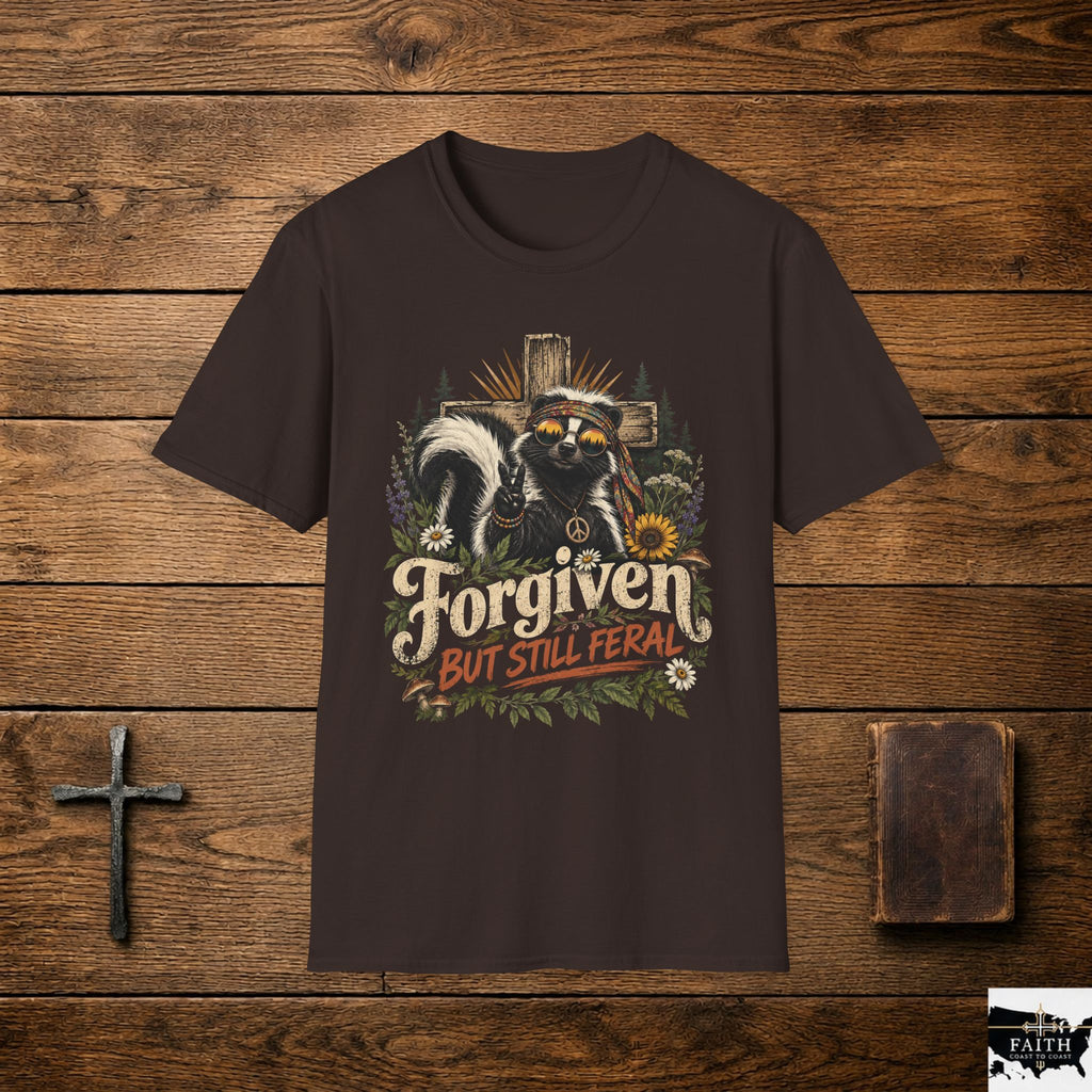 Forgiven But Still Feral Skunk T-Shirt — Retro Hippie Peace Graphic