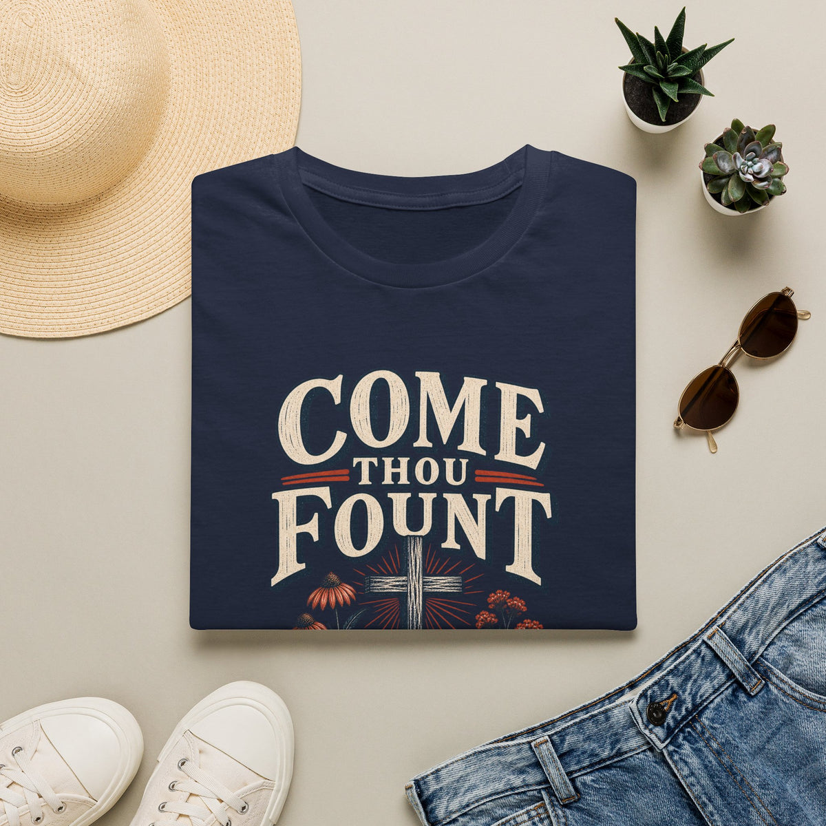 Come Thou Fount T-Shirt — Christian Worship Tee with Cross & Floral Design