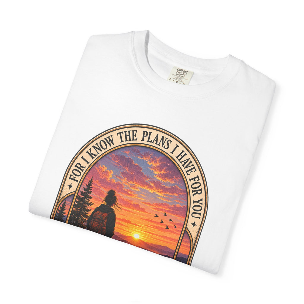 Sunset Hiker T‑Shirt — "For I Know the Plans I Have for You" Inspirational Graphic Tee