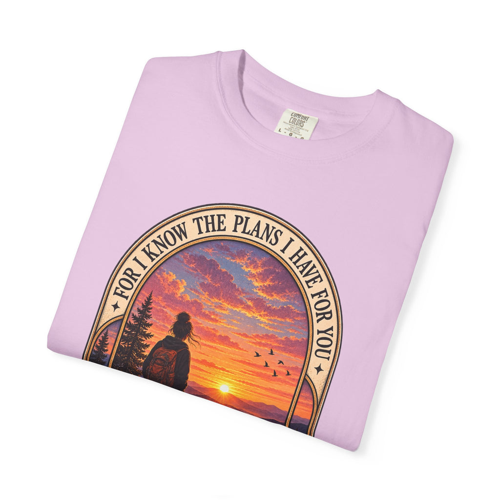 Sunset Hiker T‑Shirt — "For I Know the Plans I Have for You" Inspirational Graphic Tee