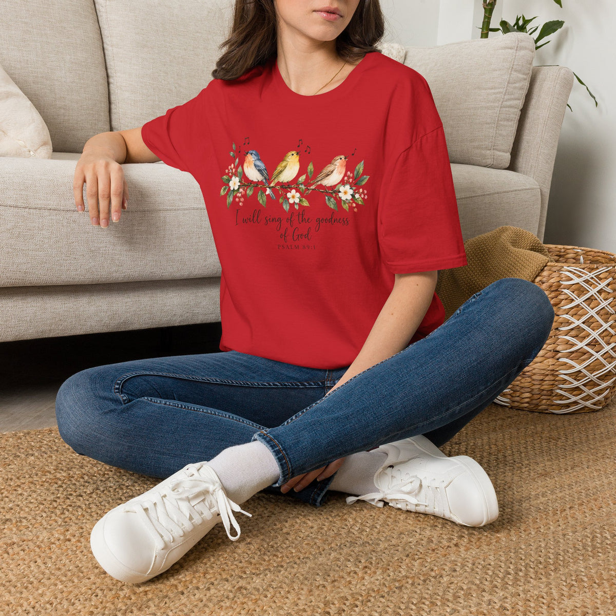 Christian Bird T-Shirt — "I Will Sing of the Goodness of God" Floral Faith Tee