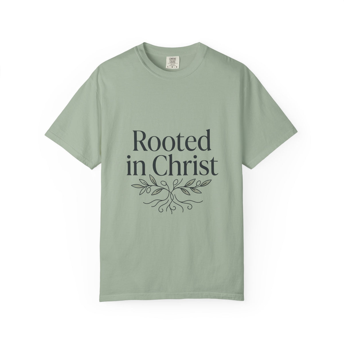 Rooted in Christ T-shirt | Christian Faith Typography with Leaf Roots