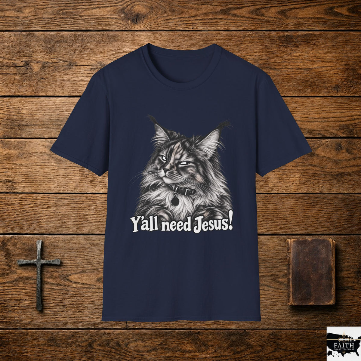 Maine Coon Cat Illustration Y'all Need Jesus T-Shirt | Cat Faith Tee