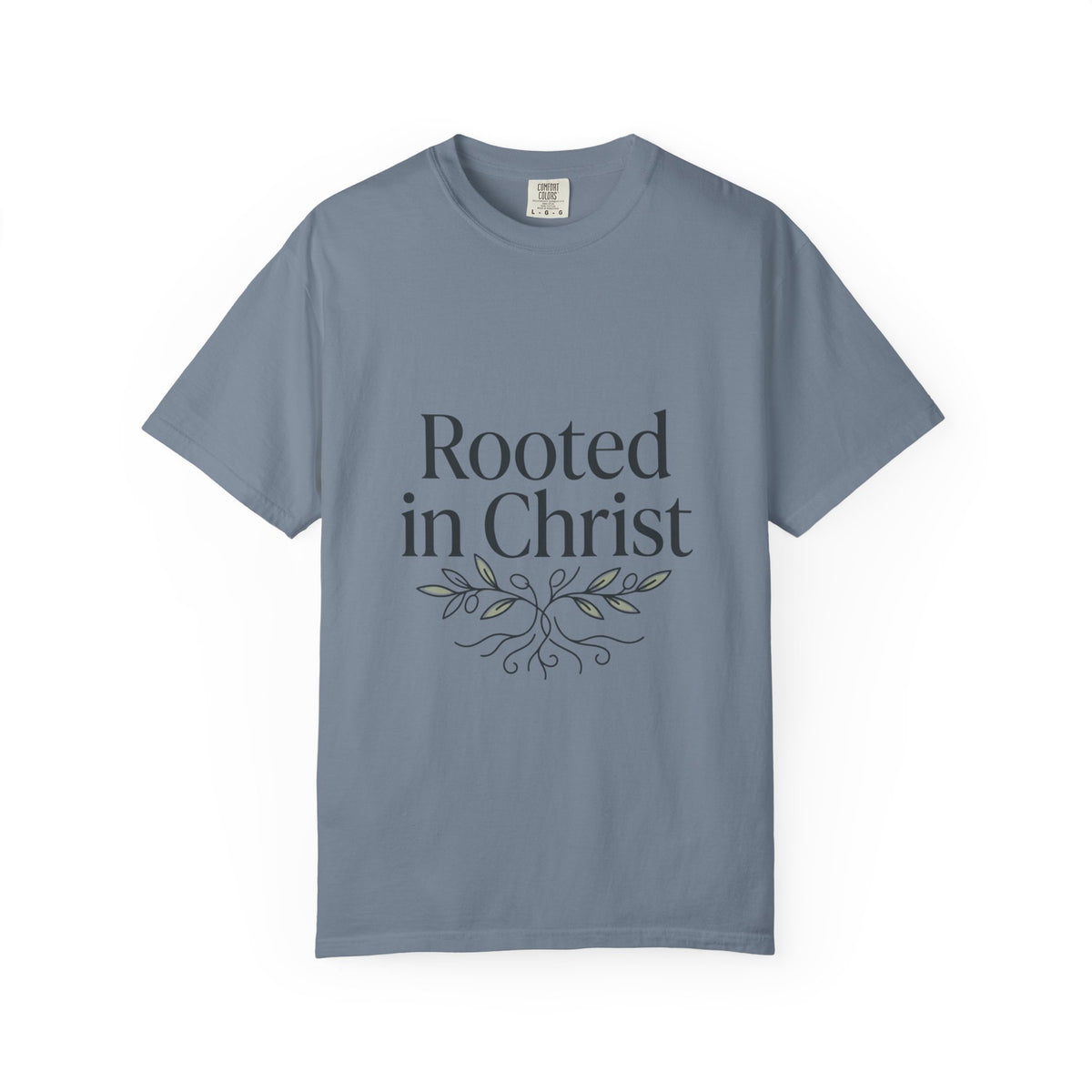 Rooted in Christ T-shirt | Christian Faith Typography with Leaf Roots
