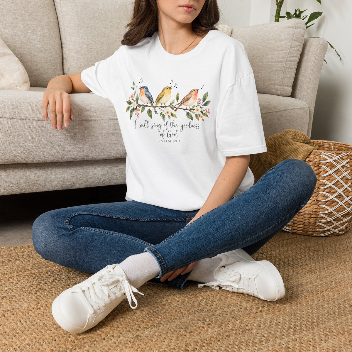 Christian Bird T-Shirt — "I Will Sing of the Goodness of God" Floral Faith Tee