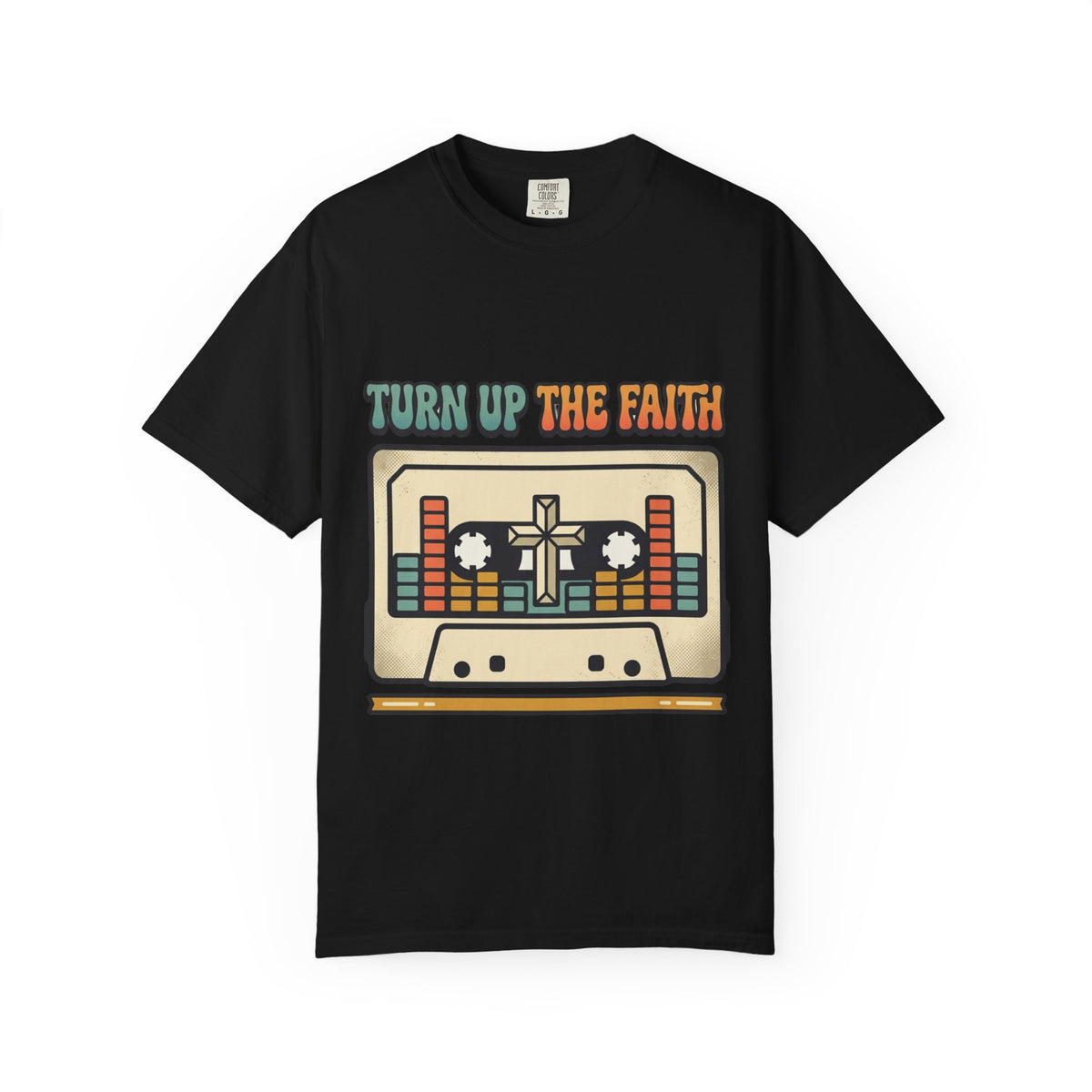 Turn Up The Faith cassette tape T-shirt | Christian retro music design