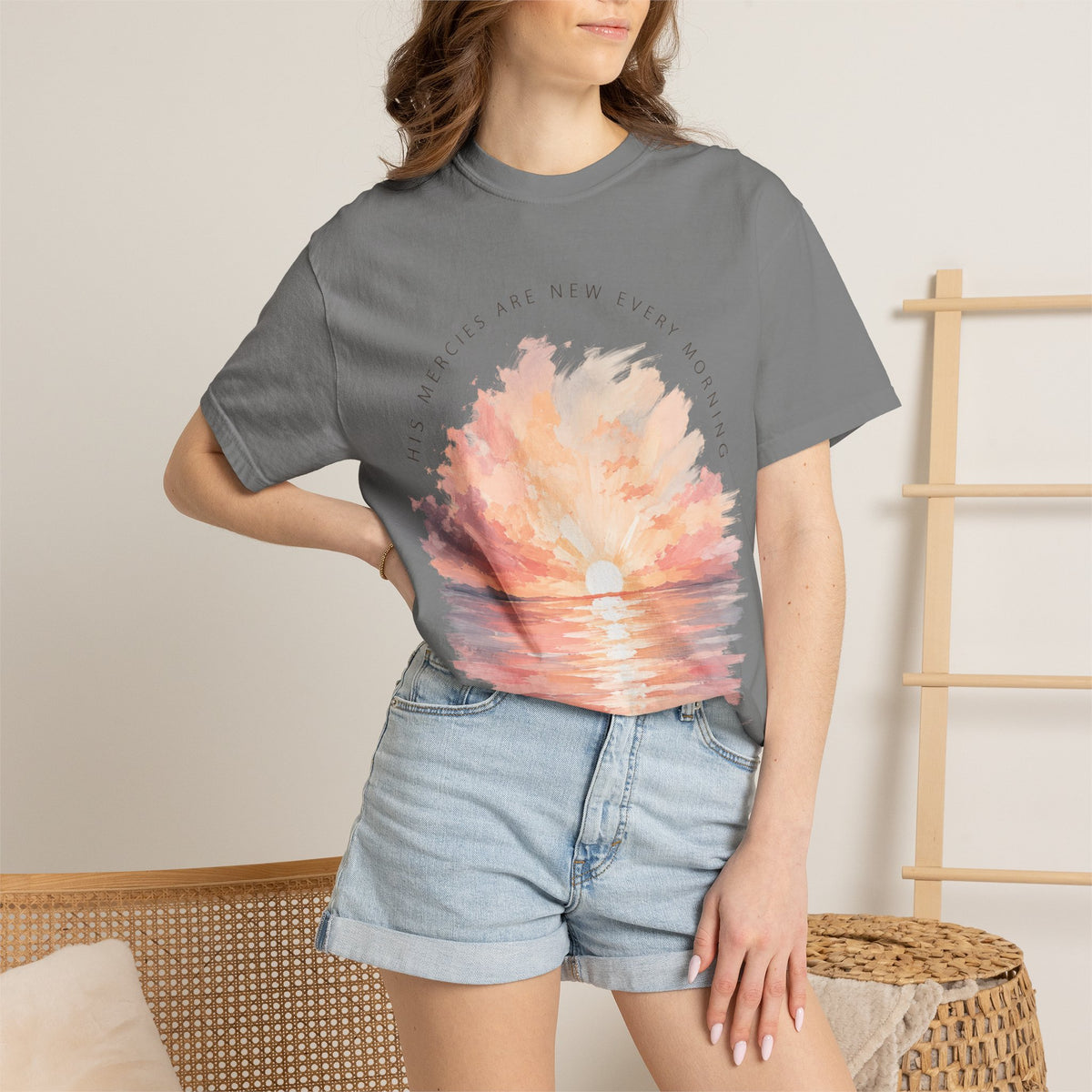 Sunset Reflection T-Shirt — "His Mercy Is New Every Morning" Christian Inspirational Tee