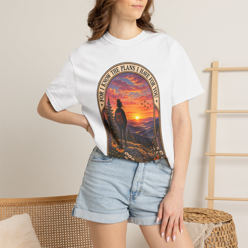 Sunset Hiker T‑Shirt — "For I Know the Plans I Have for You" Inspirational Graphic Tee