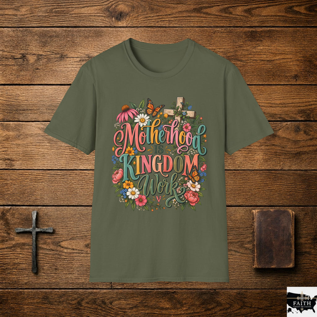 Motherhood Is Kingdom Work T-Shirt — Floral Butterfly Mom Tee