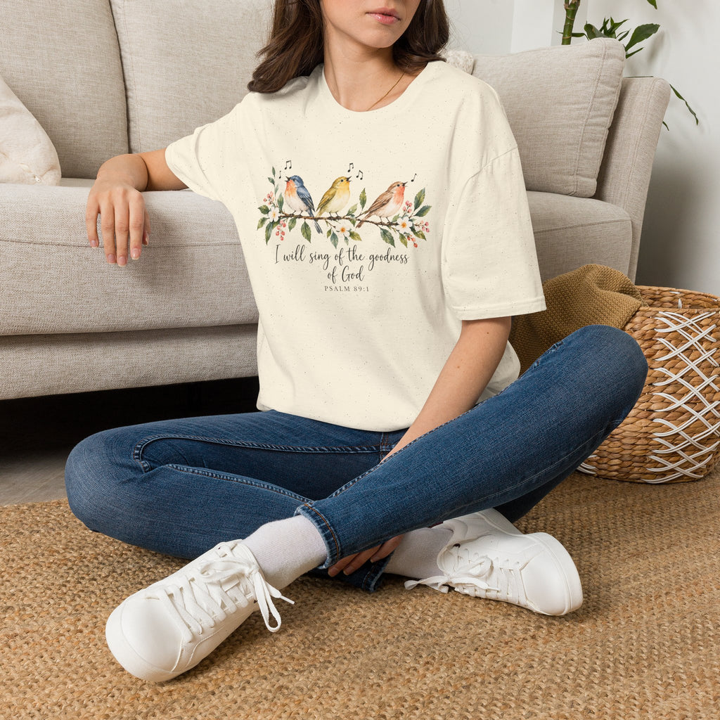 Christian Bird T-Shirt — "I Will Sing of the Goodness of God" Floral Faith Tee