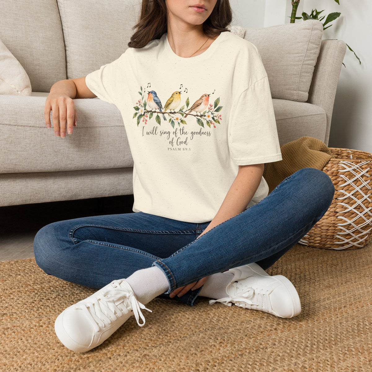 Christian Bird T-Shirt — "I Will Sing of the Goodness of God" Floral Faith Tee