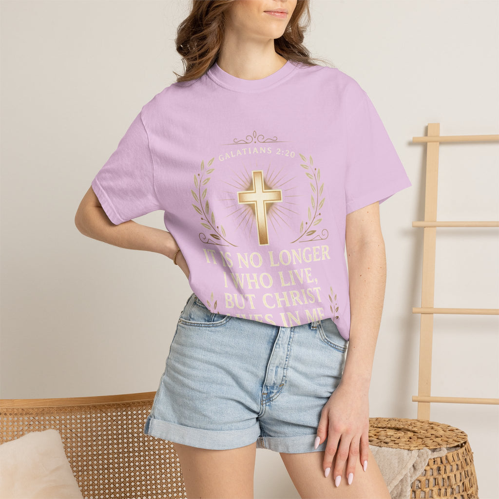 Christian Faith T-Shirt — "It Is No Longer I Who Live, But Christ Lives in Me" (Galatians 2:20)