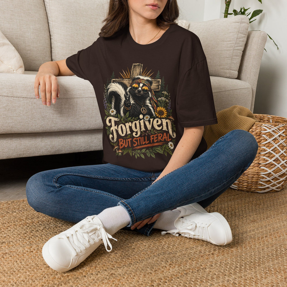 Forgiven But Still Feral Skunk T-Shirt — Retro Hippie Peace Graphic
