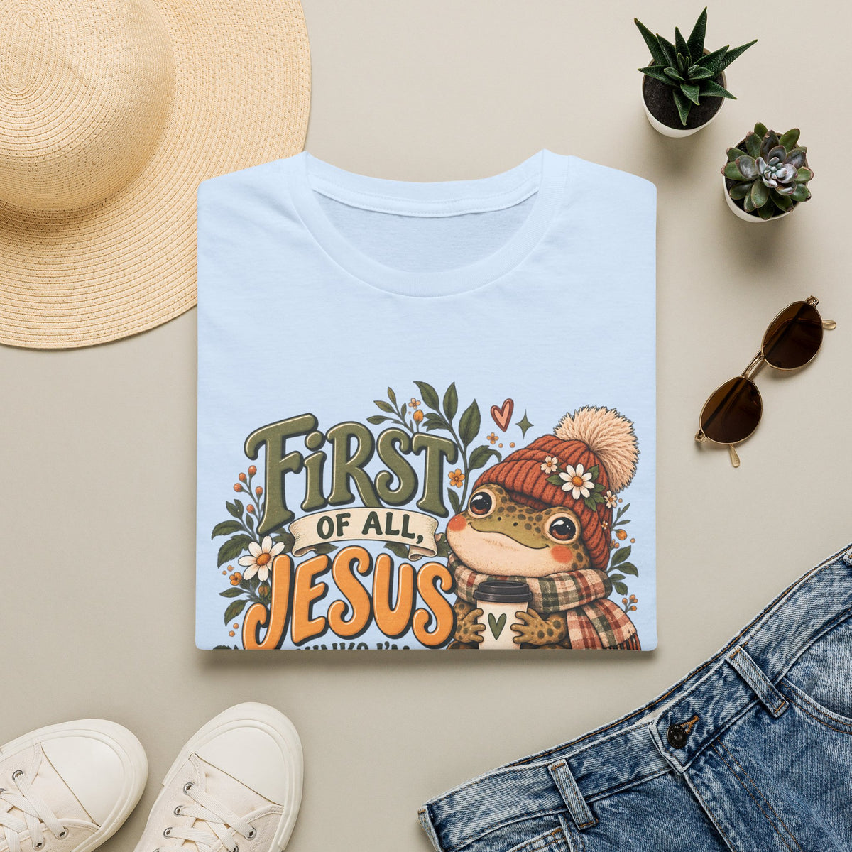 First of All Jesus Fall Frog T-Shirt — Cute Autumn Christian Tee