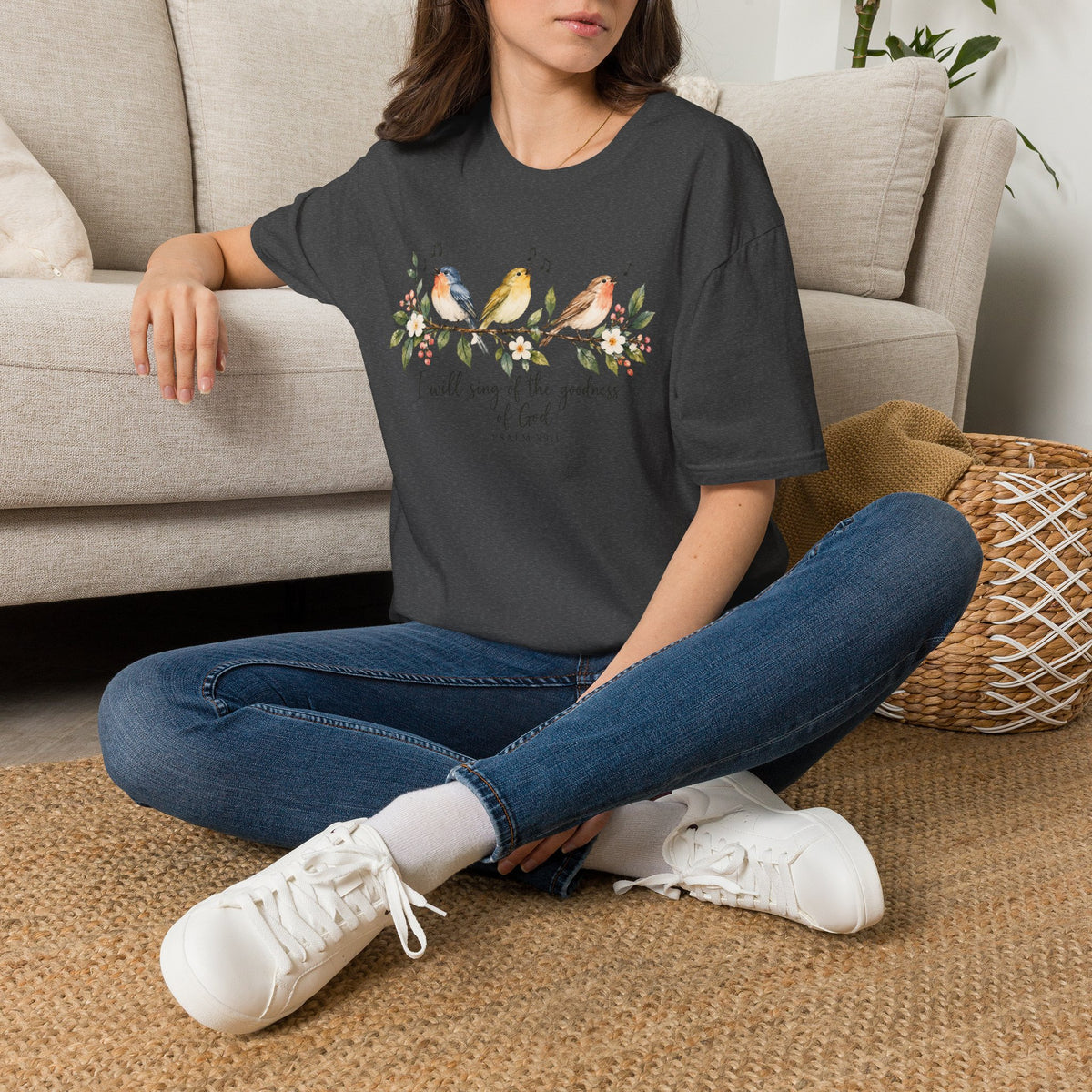 Christian Bird T-Shirt — "I Will Sing of the Goodness of God" Floral Faith Tee