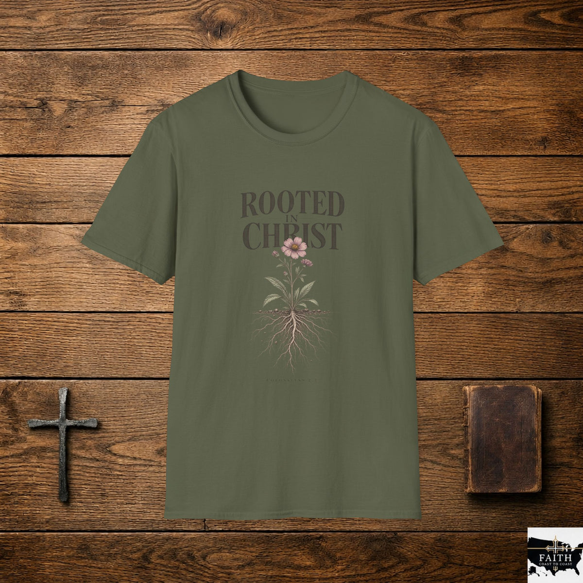 Rooted in Christ floral cross design T-Shirt | Christian faith tee