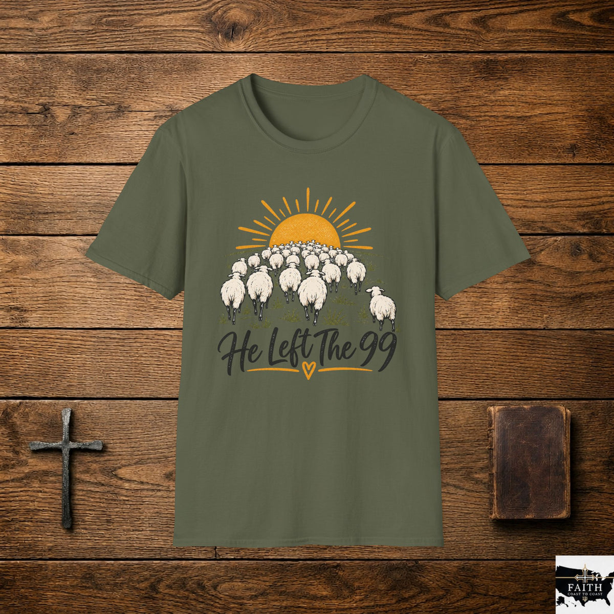 He Left The 99 Christian T-Shirt — Shepherd & Sunrise Faith Tee