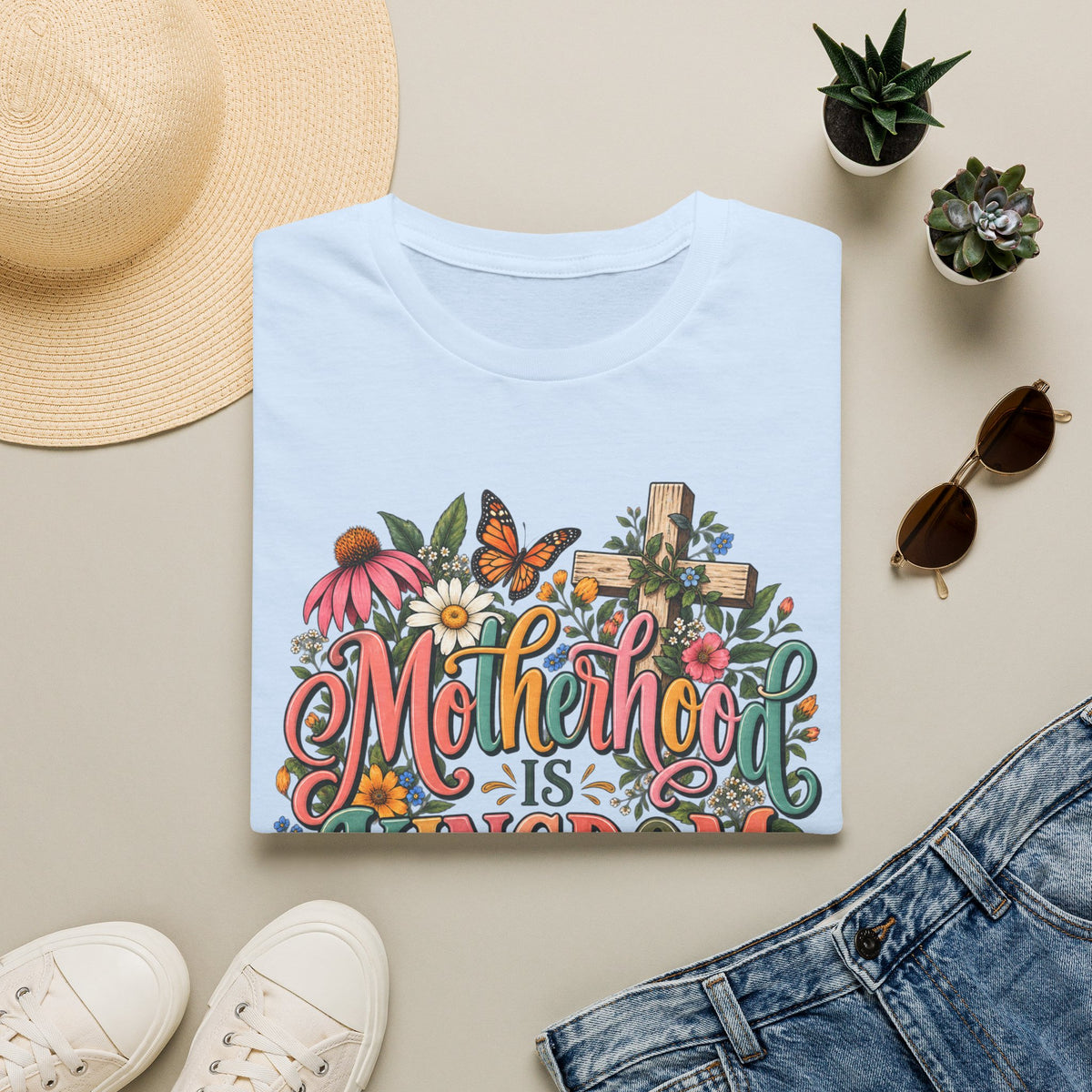 Motherhood Is Kingdom Work T-Shirt — Floral Butterfly Mom Tee