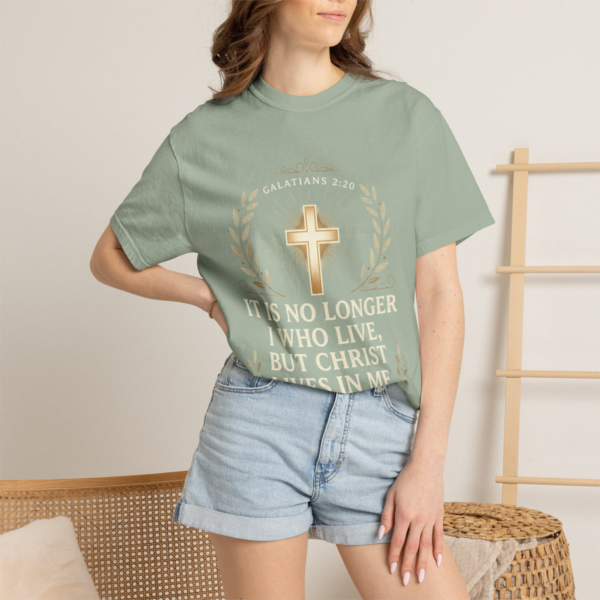 Christian Faith T-Shirt — "It Is No Longer I Who Live, But Christ Lives in Me" (Galatians 2:20)