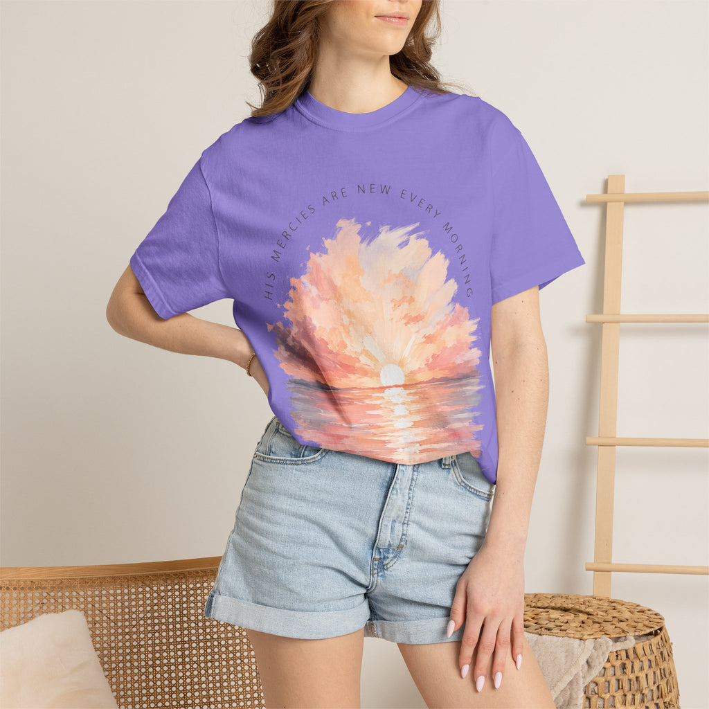 Sunset Reflection T-Shirt — "His Mercy Is New Every Morning" Christian Inspirational Tee
