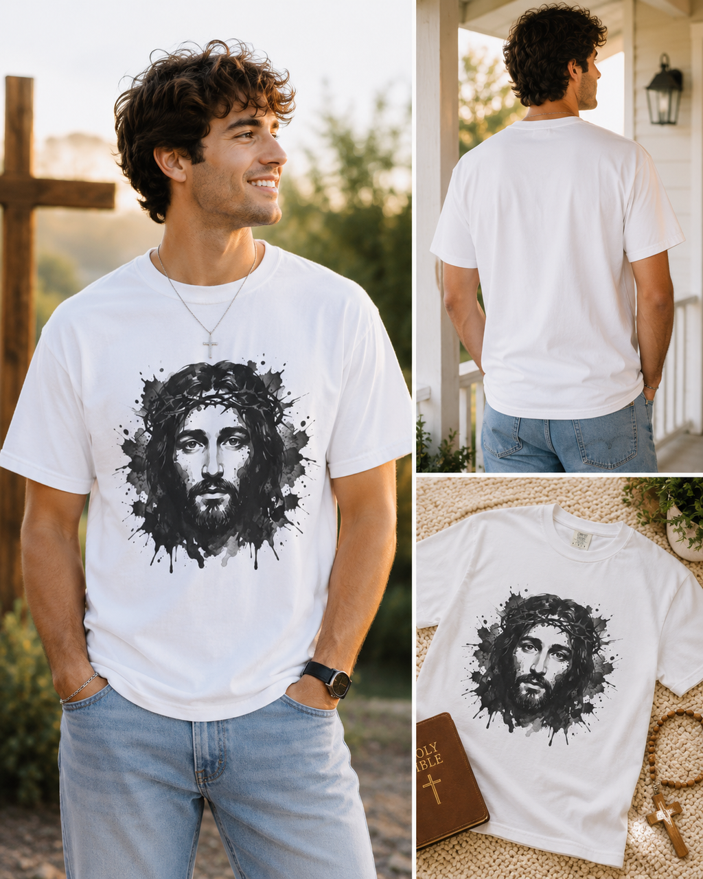 Jesus Christ Portrait T-shirt | Ink Splash Religious Artwork