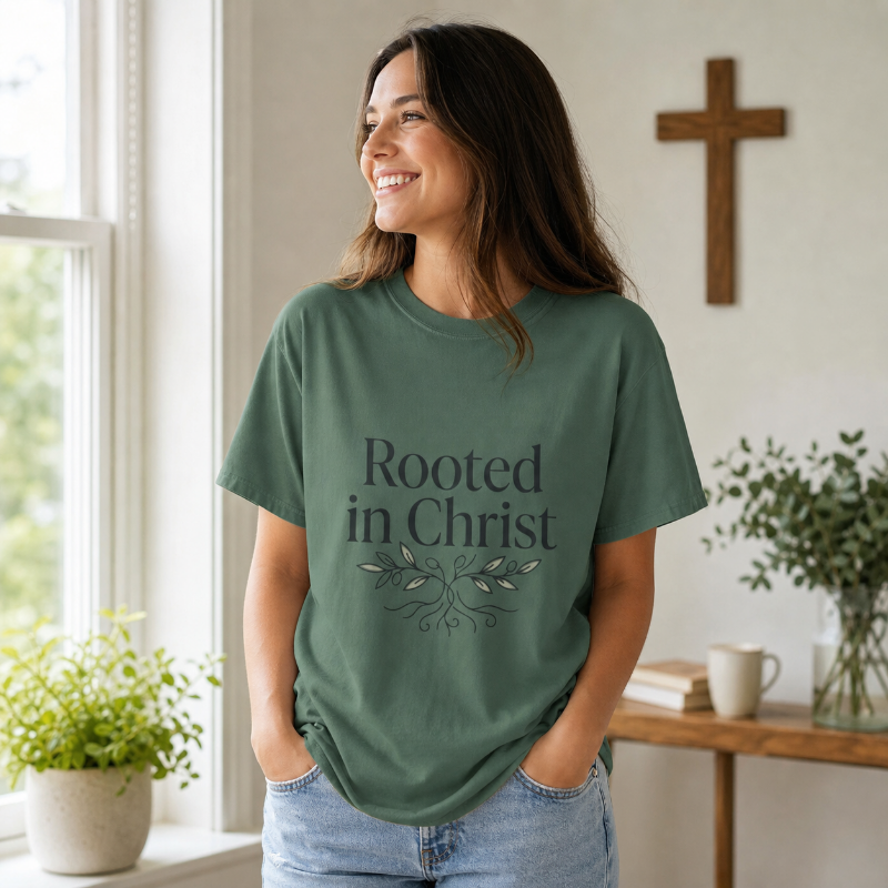 Rooted in Christ T-shirt | Christian Faith Typography with Leaf Roots