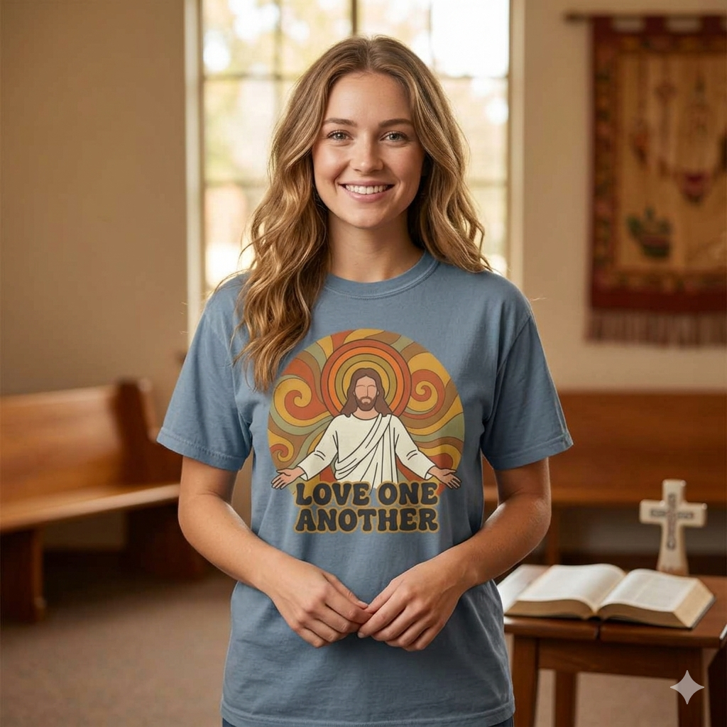 Love One Another Jesus Illustration T-Shirt | Retro Religious Tee
