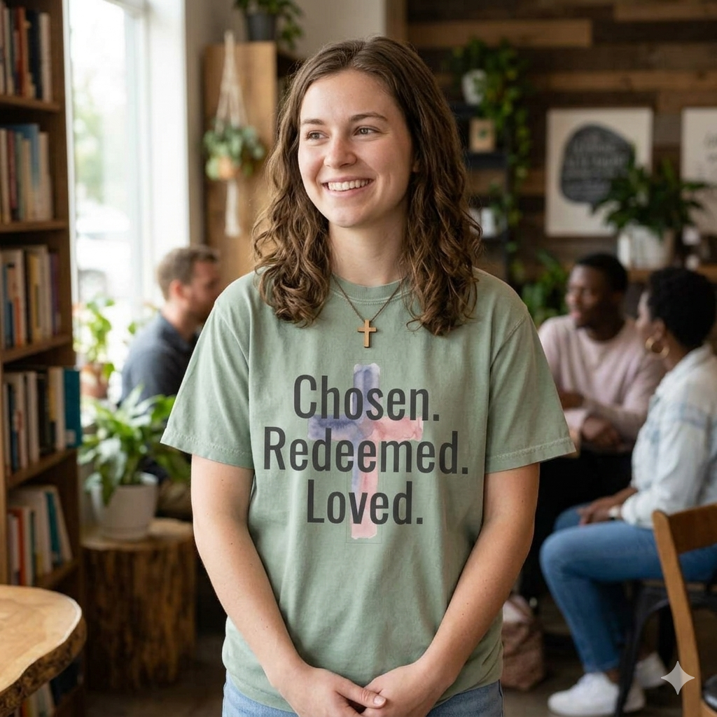 Chosen Redeemed Loved cross Christian shirt | T-Shirt