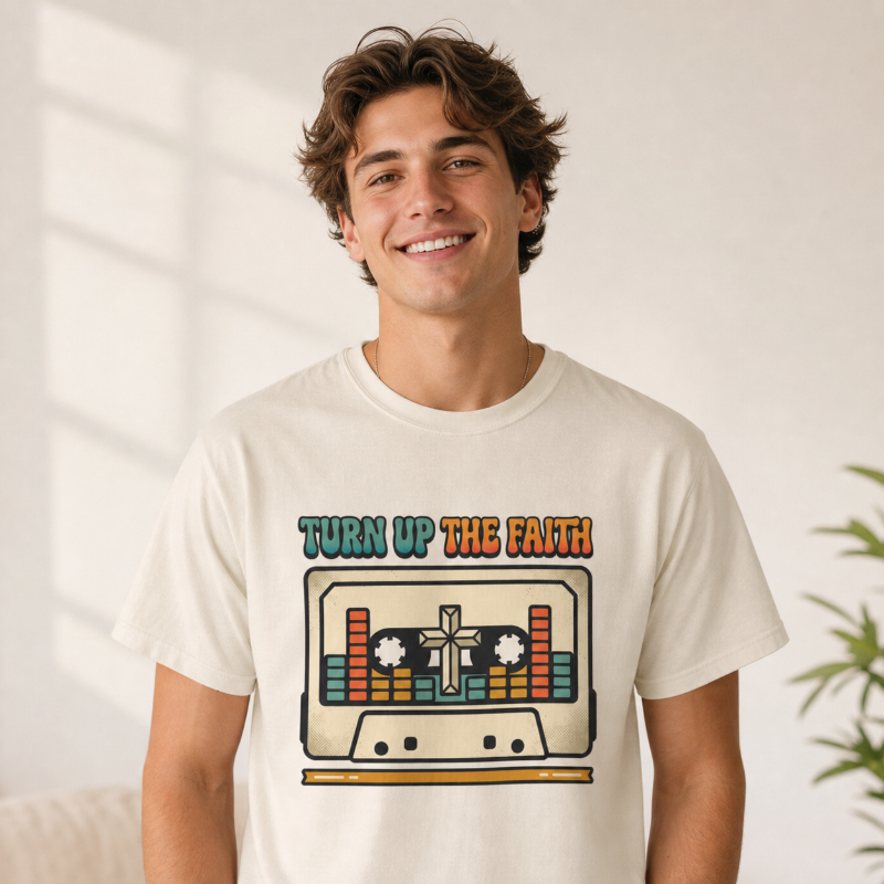 Turn Up The Faith cassette tape T-shirt | Christian retro music design