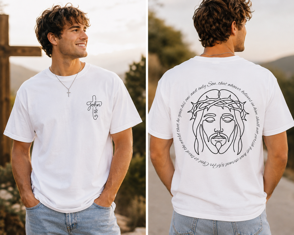 Line Art Jesus Face T-Shirt | Crown of Thorns Scripture Circle John 3:16