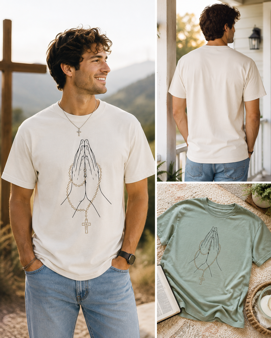 Praying Hands with Rosary T-Shirt | Religious Faith Christian Tee