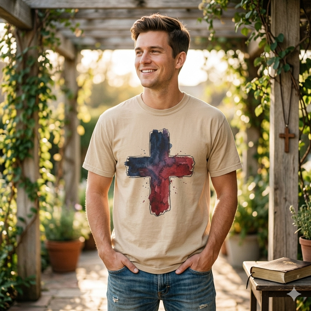 Watercolor Cross T-Shirt | Red Blue Abstract Christian Design