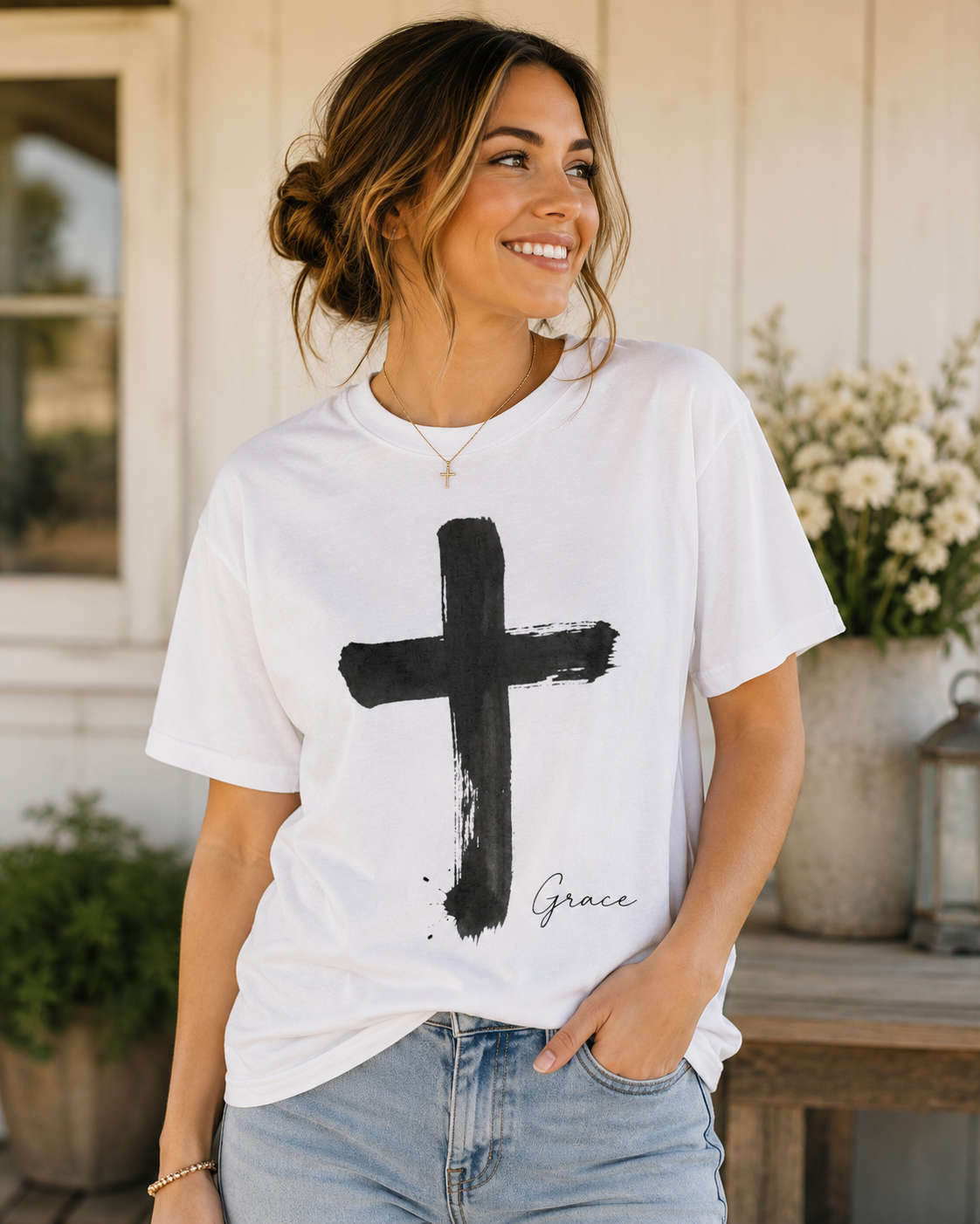 Grace Cross T-Shirt — Minimal Brushstroke Christian Tee