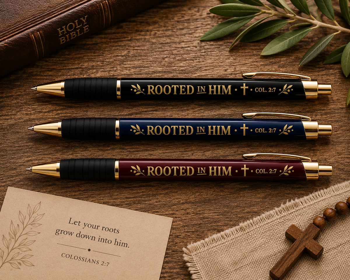 Rooted in Him brass ballpoint pen | engraved scripture Colossians 2:7