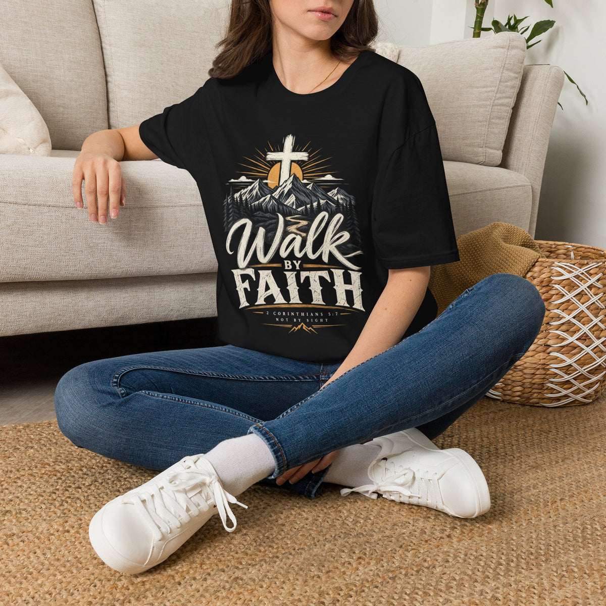 Faith T-Shirt — "Walk by Faith" Christian Cross Mountain Graphic Tee