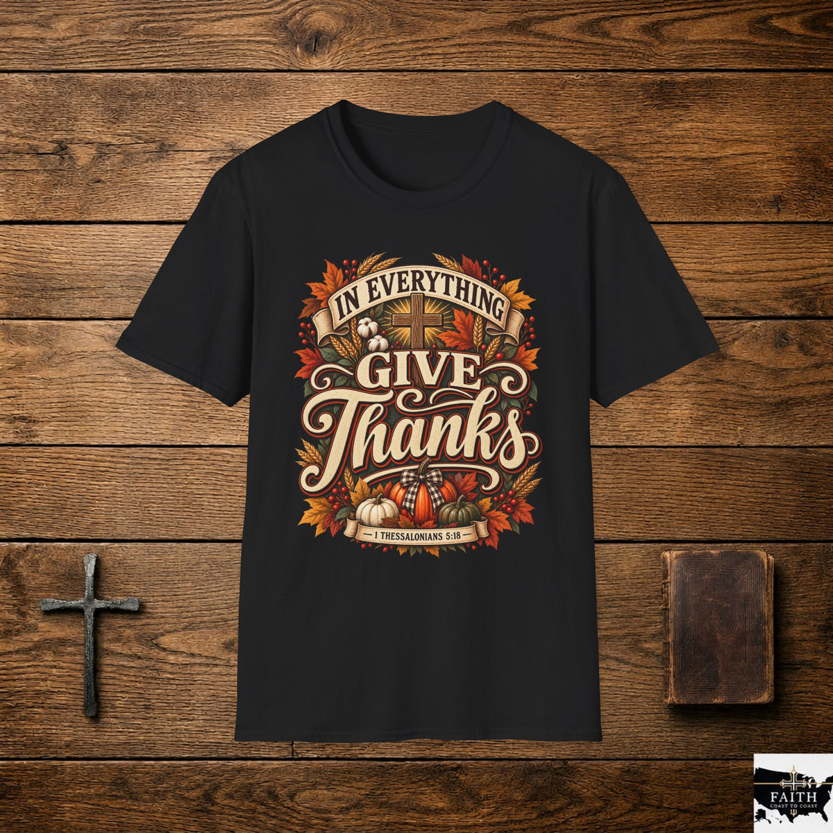 Give Thanks design T-Shirt | Fall Thanksgiving pumpkin cross harvest