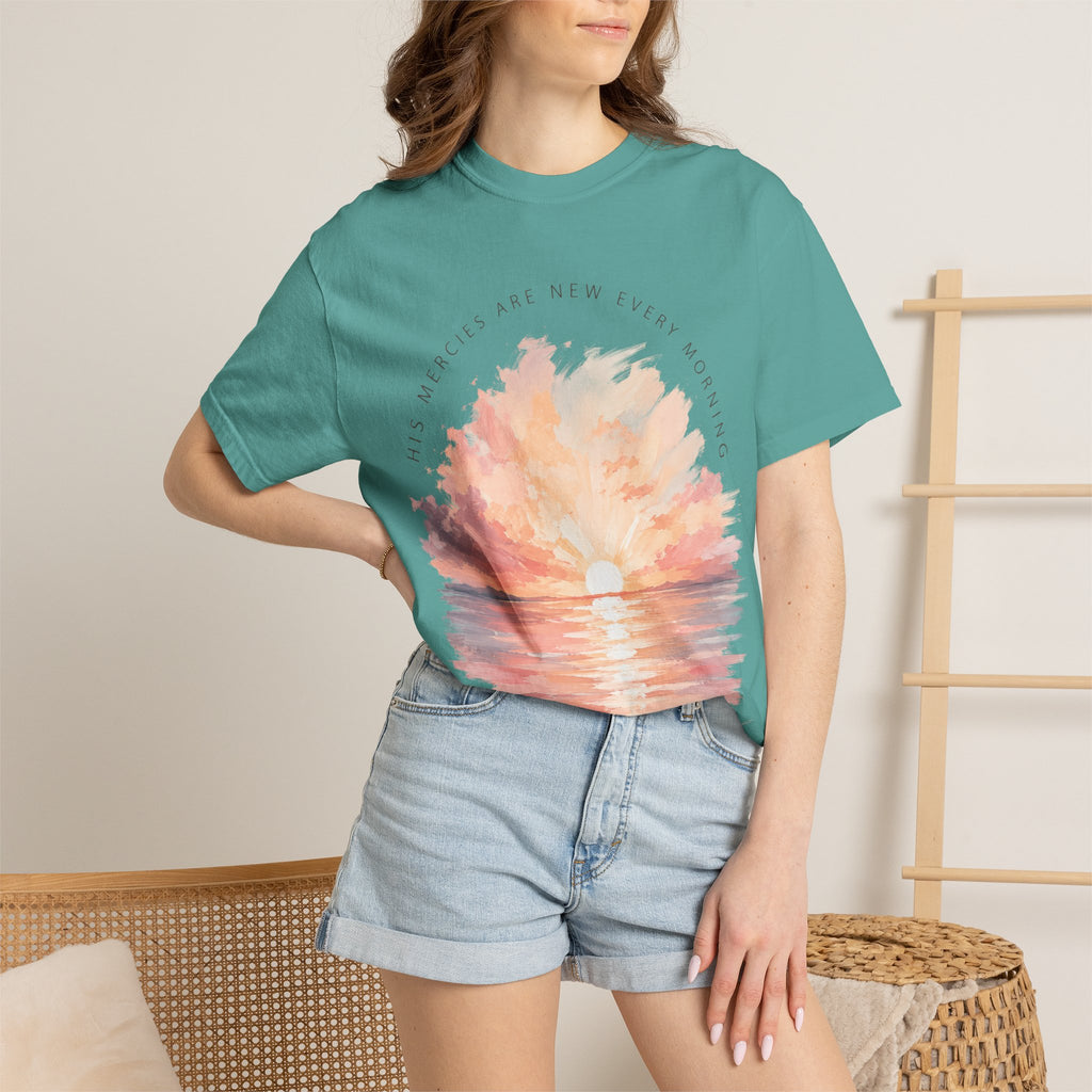 Sunset Reflection T-Shirt — "His Mercy Is New Every Morning" Christian Inspirational Tee