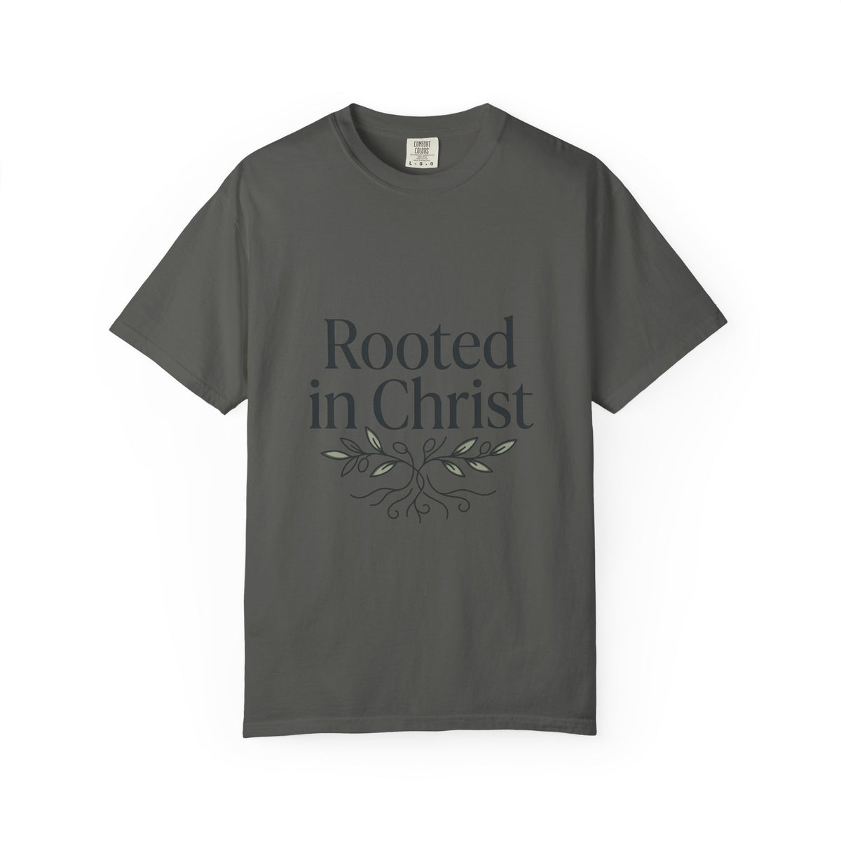 Rooted in Christ T-shirt | Christian Faith Typography with Leaf Roots