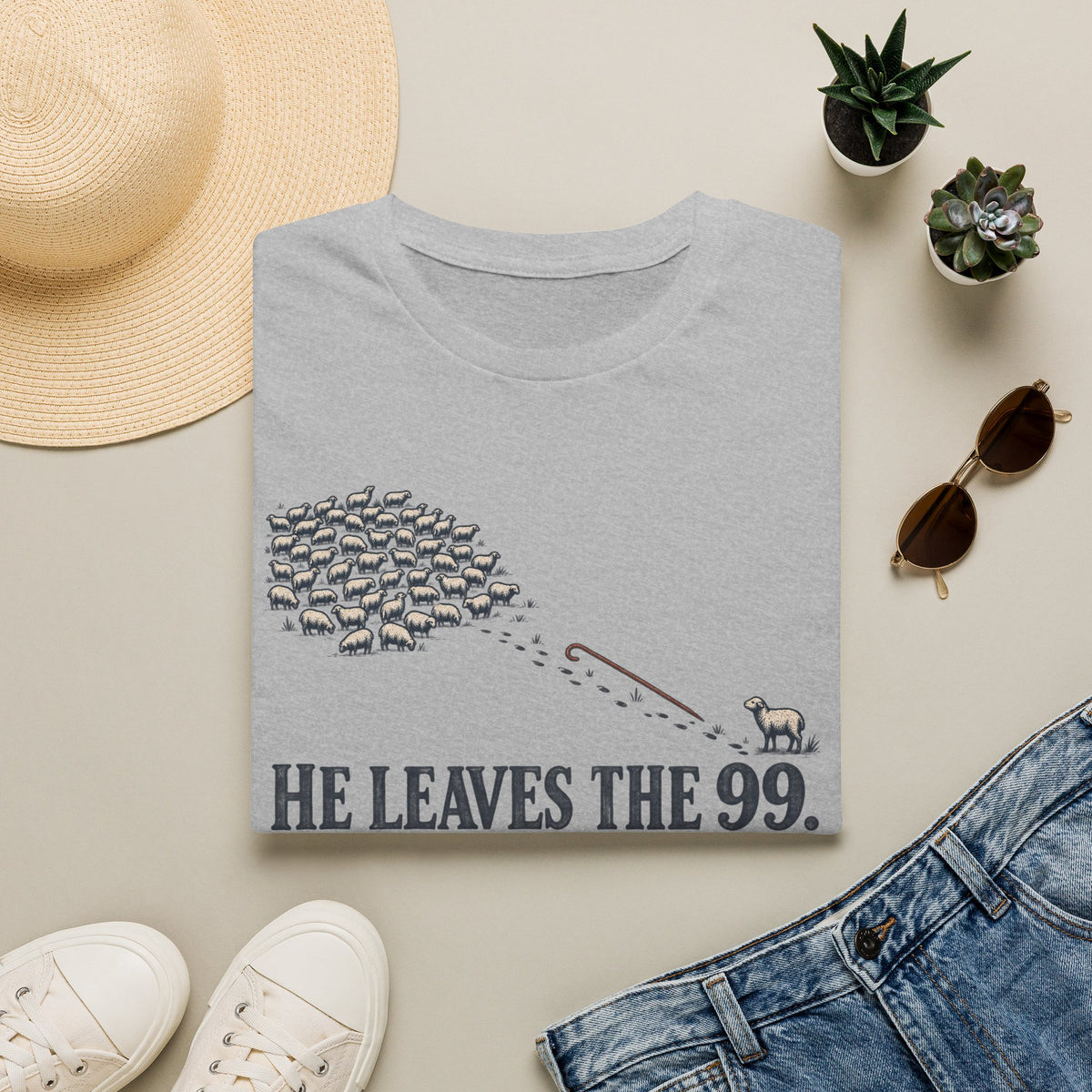 He Leaves the 99 T-Shirt — Christian Shepherd & Lost Sheep Faith Tee