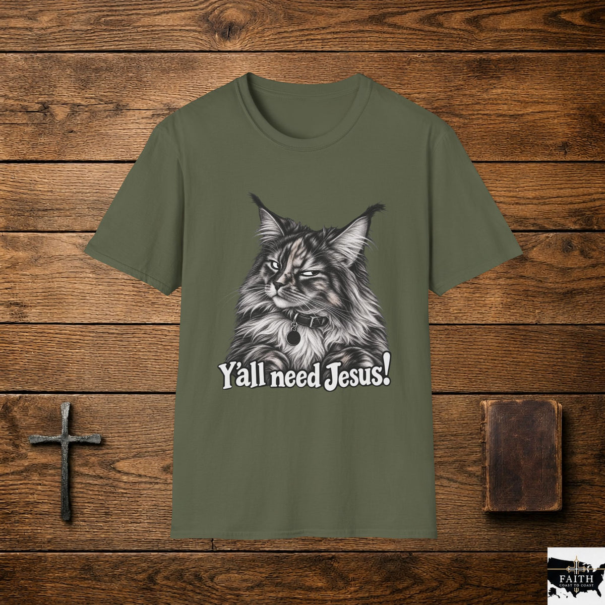 Maine Coon Cat Illustration Y'all Need Jesus T-Shirt | Cat Faith Tee