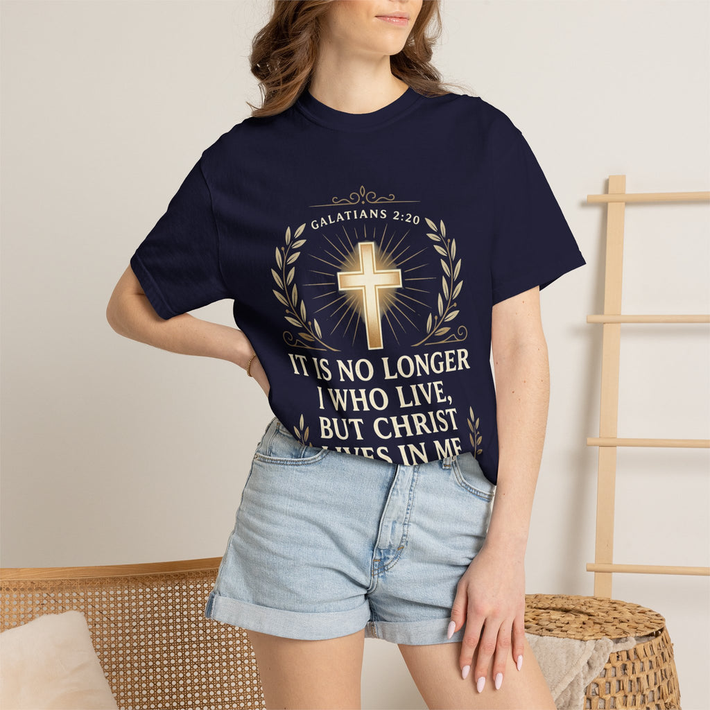 Christian Faith T-Shirt — "It Is No Longer I Who Live, But Christ Lives in Me" (Galatians 2:20)