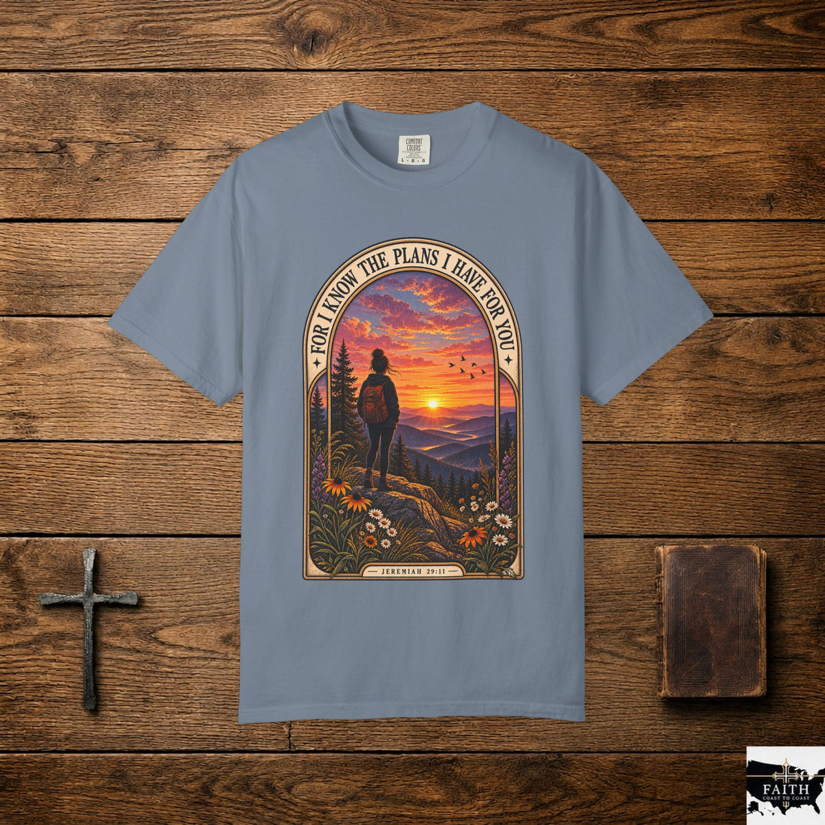 Sunset Hiker T‑Shirt — "For I Know the Plans I Have for You" Inspirational Graphic Tee