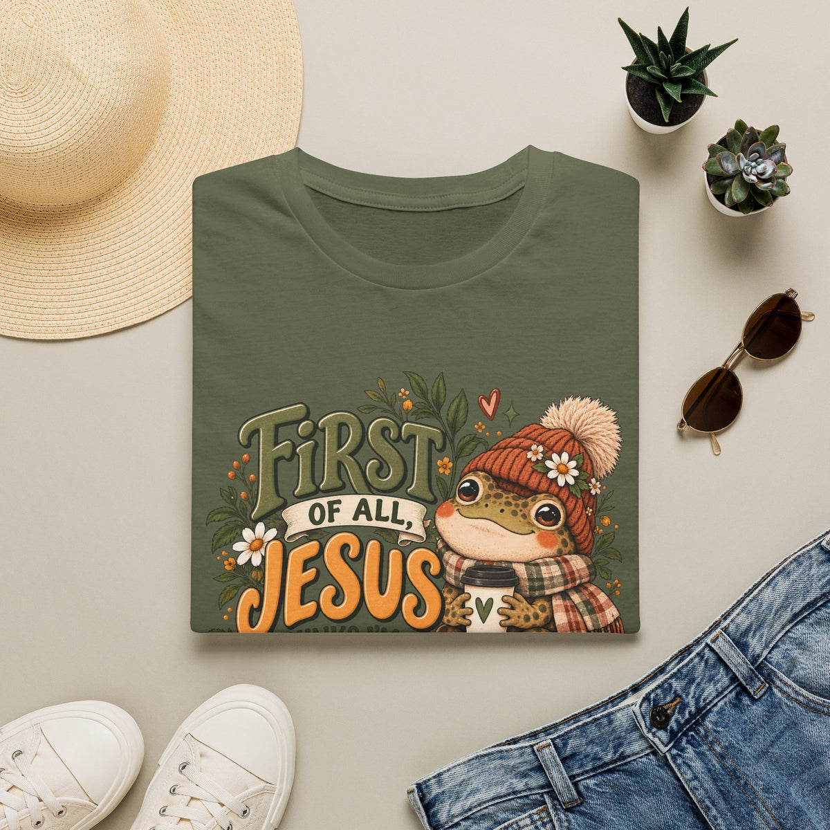 First of All Jesus Fall Frog T-Shirt — Cute Autumn Christian Tee