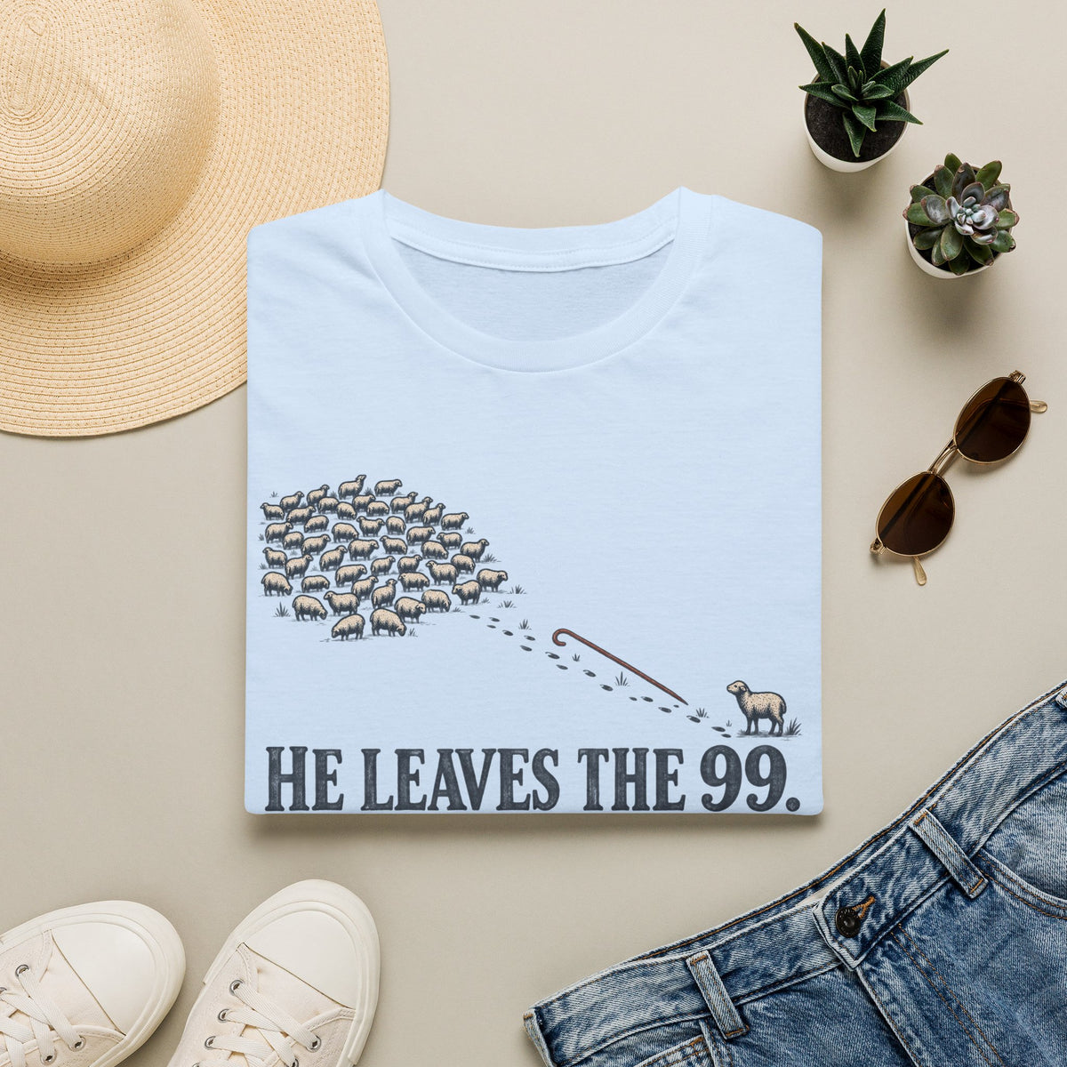 He Leaves the 99 T-Shirt — Christian Shepherd & Lost Sheep Faith Tee