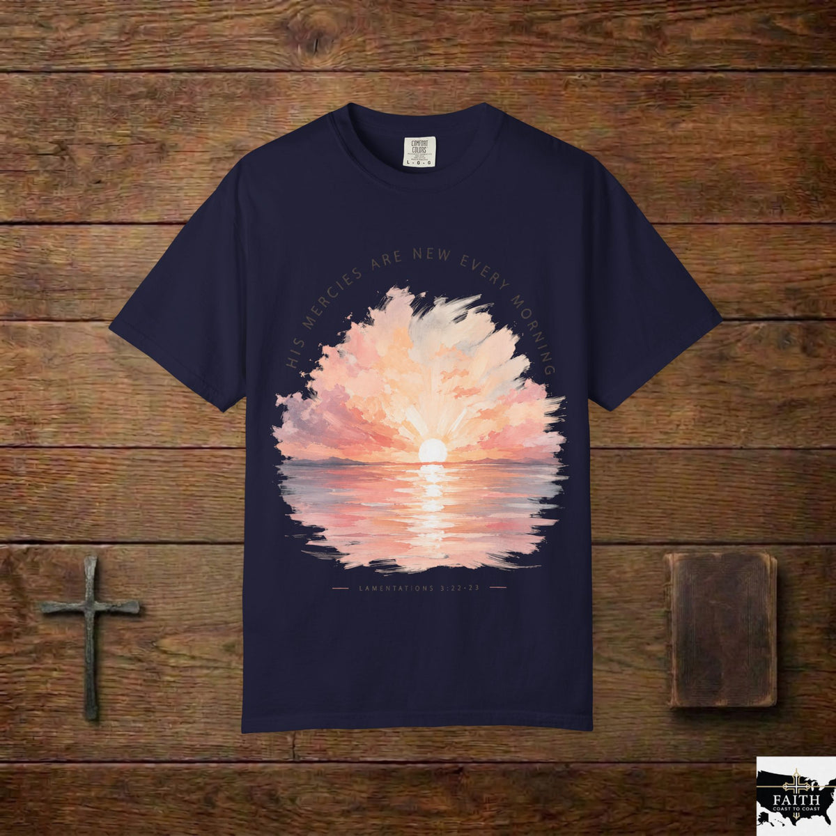 Sunset Reflection T-Shirt — "His Mercy Is New Every Morning" Christian Inspirational Tee