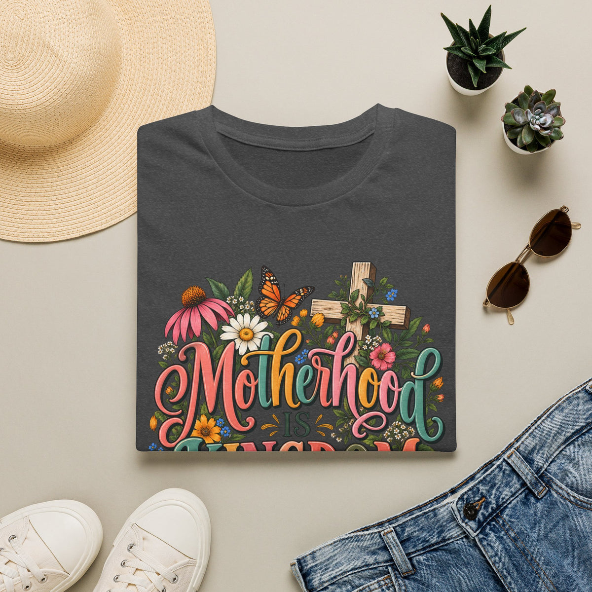 Motherhood Is Kingdom Work T-Shirt — Floral Butterfly Mom Tee